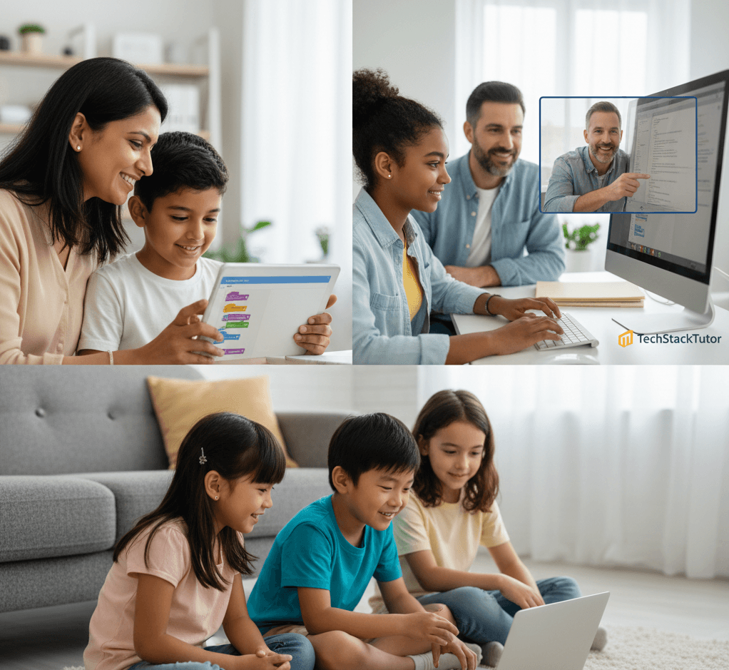 Parents and kids learning safely with TechStackTutor mentors